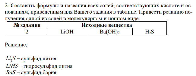 Составить формулы и названия всех солей, соответствующих кислоте и основаниям, приведенным для Вашего задания в таблице. Привести реакцию получения одной из солей в молекулярном и ионном виде. 