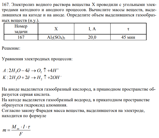 Электролиз водного раствора вещества X проводили с угольными электродами катодного и анодного процессов. Вычислите массы веществ, выделившихся на катоде и на аноде. Определите объем выделившихся газообразных веществ (н.у.). 