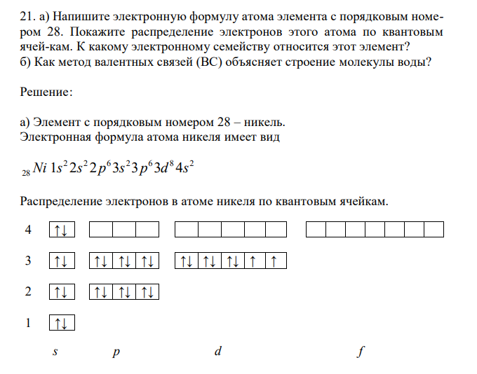 Напишите электронную формулу атома элемента с порядковым номером 28. Покажите распределение электронов этого атома по квантовым ячей-кам. К какому электронному семейству относится этот элемент? б) Как метод валентных связей (ВС) объясняет строение молекулы воды?