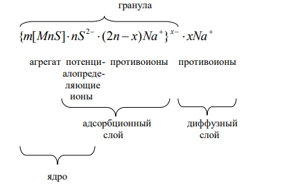 Напишите формулы мицелл, полученных сливанием равных объемов электролитов 0,01 н. Na2S и 0,001 н. MnCl2. Приведите названия всех составляющих мицеллы. Укажите место возникновения дзета-потенциала. 