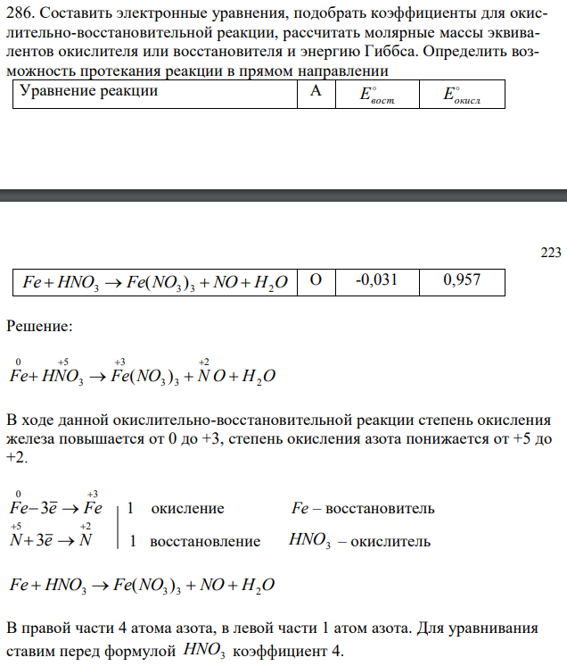 Составить электронные уравнения, подобрать коэффициенты для окислительно-восстановительной реакции, рассчитать молярные массы эквивалентов окислителя или восстановителя и энергию Гиббса. Определить возможность протекания реакции в прямом направлении
