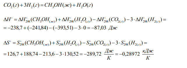Дана реакция ( ) 3 ( ) ( ) ( ) 2 2 3 2 CO г  H г  CH OH ж  H O г . Рассчитать стандартную энергию Гиббса реакции при температурах 25°С и 900°С. Для каждой температуры сделать вывод о возможности самопроизвольного протекания реакции. Определить температурную область самопроизвольного протекания реакции. 