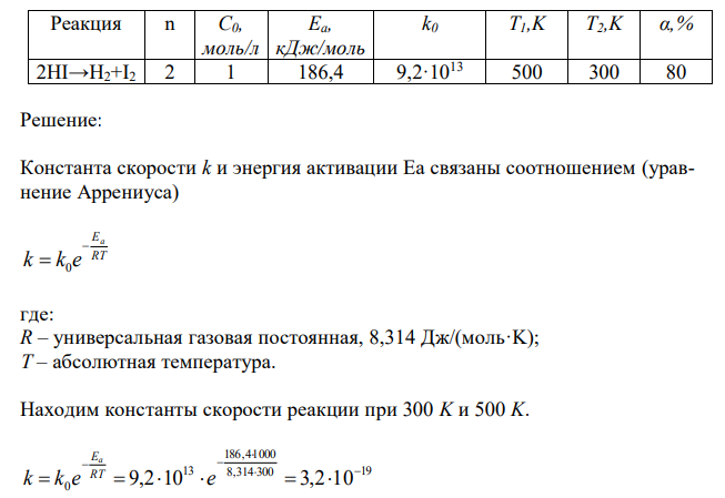 По известным экспериментальным данным (n – порядок реакции; Ea – энергия активации; k0 – предэкспоненциальный множитель в уравнении Аррениуса (имеет размерность скорости соответствующего порядка); T1 и Т2 – начальная и конечная температур; C0 – исходные концентрации реагентов) рассчитайте константы скорости реакции при температурах T1 и Т2 и определите скорость реакции в некоторый момент времени, когда прореагировала заданная доля исходных веществ α при заданных значениях температуры. 