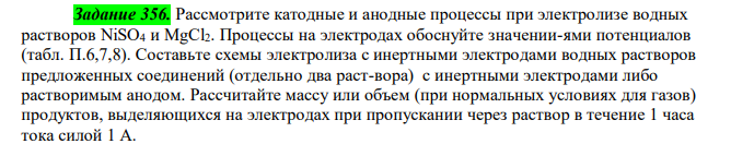  Рассмотрите катодные и анодные процессы при электролизе водных растворов NiSO4 и MgCl2. Процессы на электродах обоснуйте значении-ями потенциалов (табл. П.6,7,8). Составьте схемы электролиза с инертными электродами водных растворов предложенных соединений (отдельно два раст-вора) с инертными электродами либо растворимым анодом. Рассчитайте массу или объем (при нормальных условиях для газов) продуктов, выделяющихся на электродах при пропускании через раствор в течение 1 часа тока силой 1 А. 