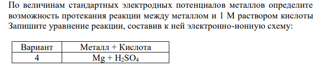  По величинам стандартных электродных потенциалов металлов определите возможность протекания реакции между металлом и 1 М раствором кислоты Запишите уравнение реакции, составив к ней электронно-ионную схему: Mg + H2SO4 