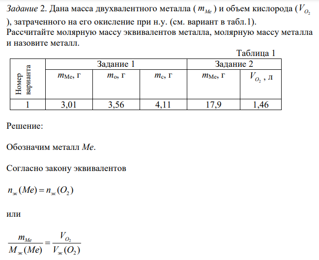 Дана масса двухвалентного металла ( mMe ) и объем кислорода ( O2 V ), затраченного на его окисление при н.у. (см. вариант в табл.1). Рассчитайте молярную массу эквивалентов металла, молярную массу металла и назовите металл. 