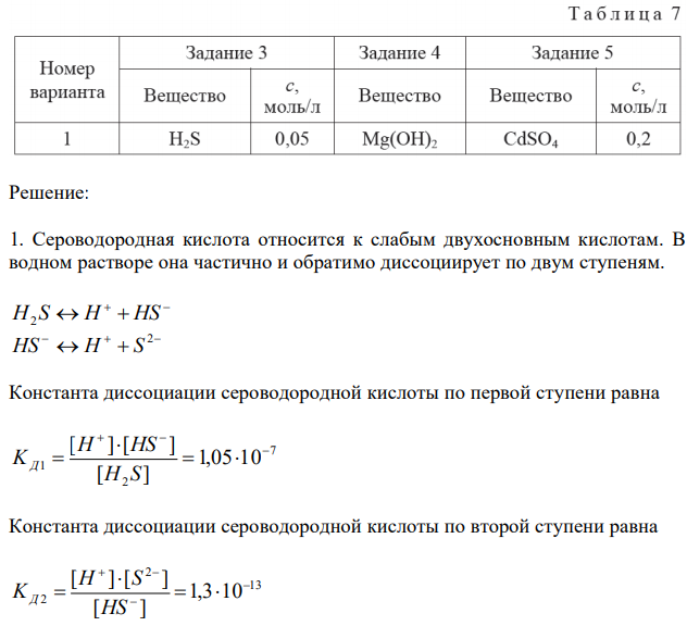 Имеется раствор слабого электролита или электролита или электролита средней силы (см.вариант в табл.7). 1. Запишите уравнения диссоциации и выражения для констант диссоциации (KД) по всем возможным ступеням, укажите их величины (см. приложение 2). 2. Рассчитайте степень диссоциации слабого электролита, концентрацию ионов H + в растворе и рН данного раствора с заданной концентрацией электролита. 