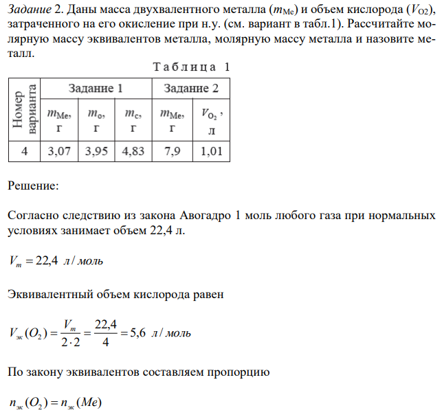 Даны масса двухвалентного металла (mMe) и объем кислорода (VO2), затраченного на его окисление при н.у. (см. вариант в табл.1). Рассчитайте молярную массу эквивалентов металла, молярную массу металла и назовите металл. 