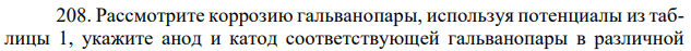 Рассмотрите коррозию гальванопары, используя потенциалы из таблицы 1, укажите анод и катод соответствующей гальванопары в различной  коррозионной среде, напишите уравнения электродных процессов, молекулярное уравнение реакции коррозии, укажите направление перемещения электронов в системе. 