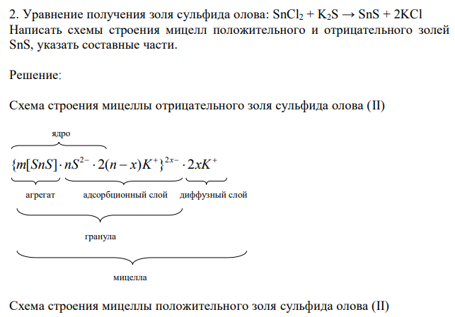 Уравнение получения золя сульфида олова: SnCl2 + K2S → SnS + 2KCl Написать схемы строения мицелл положительного и отрицательного золей SnS, указать составные части. 