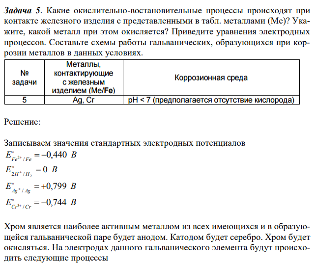 Какие окислительно-востановительные процессы происходят при контакте железного изделия с представленными в табл. металлами (Me)? Укажите, какой металл при этом окисляется? Приведите уравнения электродных процессов. Составьте схемы работы гальванических, образующихся при коррозии металлов в данных условиях 