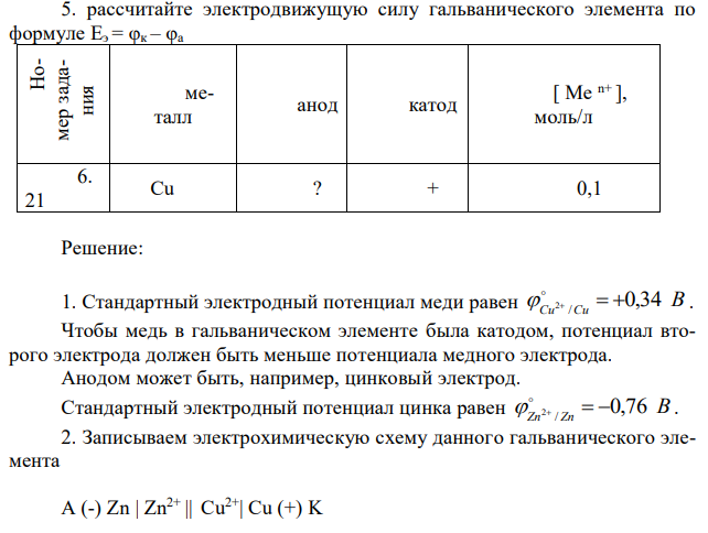 Решите согласно данным задания: 1. подберите второй металл для образования гальванопары; 2. запишите электрохимическую схему гальванического элемента; 3. напишите уравнения процессов на аноде и катоде и уравнение токообразующей реакции при работе этого элемента; 4. рассчитайте электродные потенциалы металлов в нестандартных условиях (концентрация указана в таблице); 5. рассчитайте электродвижущую силу гальванического элемента по формуле Еэ = φк – φа