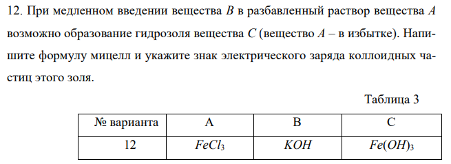 При медленном введении вещества В в разбавленный раствор вещества А возможно образование гидрозоля вещества С (вещество А – в избытке). Напишите формулу мицелл и укажите знак электрического заряда коллоидных частиц этого золя. Таблица 3 № варианта А В С 12 FeCl3 KOH Fe(OH)3 