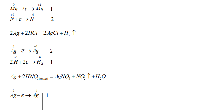 Как ведут себя Mn и Ag по отношению к соляной и концентрированной азотной кислотам ? Возможность протекания реакций в стандартных условиях подтвердите расчетами. Рассчитайте Kp для одной из реакций. 