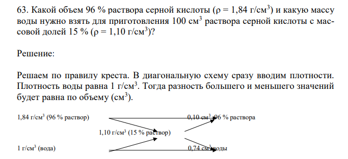 Какой объем 96 % раствора серной кислоты (ρ = 1,84 г/см3 ) и какую массу воды нужно взять для приготовления 100 см3 раствора серной кислоты с массовой долей 15 % (ρ = 1,10 г/см3 )? 