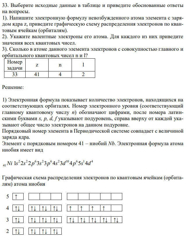 Выберите исходные данные в таблице и приведите обоснованные ответы на вопросы. 1). Напишите электронную формулу невозбужденного атома элемента с зарядом ядра z, приведите графическую схему распределения электронов по квантовым ячейкам (орбиталям). 2). Укажите валентные электроны его атома. Для каждого из них приведите значения всех квантовых чисел. 3). Сколько в атоме данного элемента электронов с совокупностью главного и орбитального квантовых чисел n и l? 