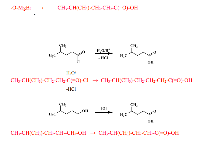 Получите изокапроновую (4-метилпентановую) кислоту магнийорганическим синтезом и еще двумя любыми способами. Напишите реакции получения её функциональных производных: метилового эфира, ангидрида, N-пропиламида, хлорангидрида, калиевой соли. Опишите механизм реакции этерификации. Приведите качественную реакцию для карбоксильной группы. Напишите реакции получения α-,β- и γ- гидроксиизокапроновых кислот, покажите их отношение к нагреванию. Все соединения назовите. 