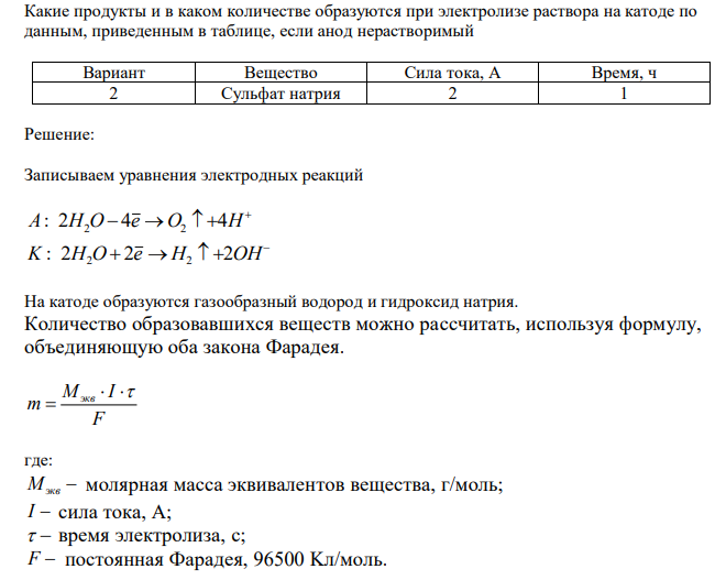  Какие продукты и в каком количестве образуются при электролизе раствора на катоде по данным, приведенным в таблице, если анод нерастворимый 