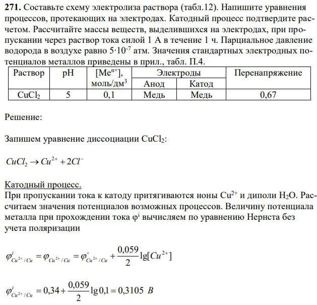 Составьте схему электролиза раствора (табл.12). Напишите уравнения процессов, протекающих на электродах. Катодный процесс подтвердите расчетом. Рассчитайте массы веществ, выделившихся на электродах, при пропускании через раствор тока силой 1 А в течение 1 ч. Парциальное давление водорода в воздухе равно 5∙10-7 атм. Значения стандартных электродных потенциалов металлов приведены в прил., табл. П.4. 