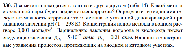 Два металла находятся в контакте друг с другом (табл.14). Какой металл из заданной пары будет подвергаться коррозии? Определите термодинамическую возможность коррозии этого металла с указанной деполяризацией при заданном значении рН (Т = 298 К). Концентрация ионов металла в водном растворе 0,001 моль/дм3 . Парциальные давления водорода и кислорода имеют следующие значения 5 10 , 0,21 . 2 2 7 pH   атм pO  атм  Напишите электронные уравнения процессов, протекающих на анодном и катодном участках. 263 Для защиты данного металла от коррозии подберите анодное и катодное покрытия и составьте уравнения процессов, происходящих при нарушении данного покрытия в растворе соляной кислоты. 