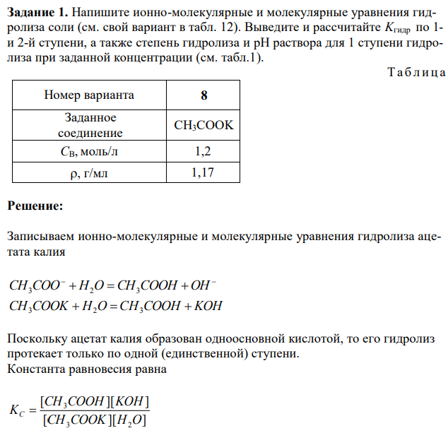 Напишите ионно-молекулярные и молекулярные уравнения гидролиза соли (см. свой вариант в табл. 12). Выведите и рассчитайте Kгидр по 1- и 2-й ступени, а также степень гидролиза и pH раствора для 1 ступени гидролиза при заданной концентрации (см. табл.1).