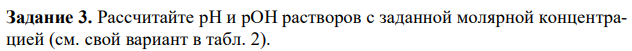 Рассчитайте pH и pOH растворов c заданной молярной концентрацией (см. свой вариант в табл. 2). 