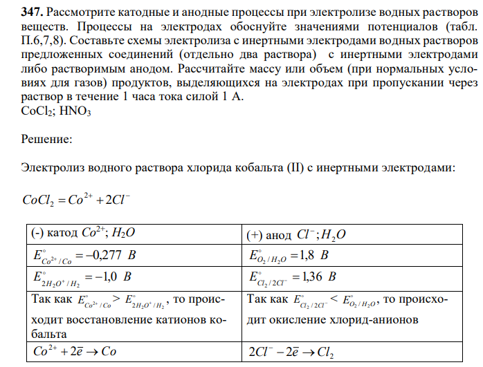  Рассмотрите катодные и анодные процессы при электролизе водных растворов веществ. Процессы на электродах обоснуйте значениями потенциалов (табл. П.6,7,8). Составьте схемы электролиза с инертными электродами водных растворов предложенных соединений (отдельно два раствора) с инертными электродами либо растворимым анодом. Рассчитайте массу или объем (при нормальных условиях для газов) продуктов, выделяющихся на электродах при пропускании через раствор в течение 1 часа тока силой 1 А. СоCl2; HNO3 