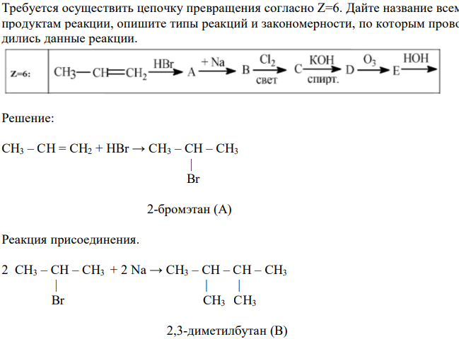 Требуется осуществить цепочку превращения согласно Z=6. Дайте название всем продуктам реакции, опишите типы реакций и закономерности, по которым проводились данные реакции.