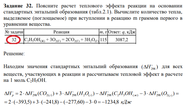 Поясните расчет теплового эффекта реакции на основании стандартных энтальпий образования (табл.2.1). Вычислите количество тепла, выделяемое (поглощаемое) при вступлении в реакцию m граммов первого в уравнении вещества. 