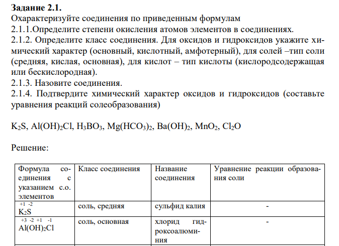  Определите степени окисления атомов элементов в соединениях. 2.1.2. Определите класс соединения. Для оксидов и гидроксидов укажите химический характер (основный, кислотный, амфотерный), для солей –тип соли (средняя, кислая, основная), для кислот – тип кислоты (кислородсодержащая или бескислородная). 2.1.3. Назовите соединения. 2.1.4. Подтвердите химический характер оксидов и гидроксидов (составьте уравнения реакций солеобразования) K2S, Al(OH)2Cl, H3BO3, Mg(HCO3)2, Ba(OH)2, MnO2, Cl2O 