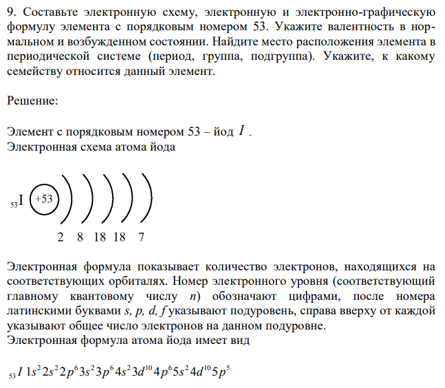 Составьте электронную схему, электронную и электронно-графическую формулу элемента с порядковым номером 53. Укажите валентность в нормальном и возбужденном состоянии. Найдите место расположения элемента в периодической системе (период, группа, подгруппа). Укажите, к какому семейству относится данный элемент. 