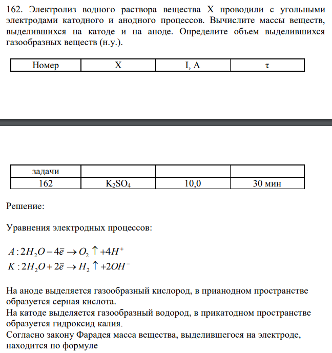 Электролиз водного раствора вещества X проводили с угольными электродами катодного и анодного процессов. Вычислите массы веществ, выделившихся на катоде и на аноде. Определите объем выделившихся газообразных веществ (н.у.). 