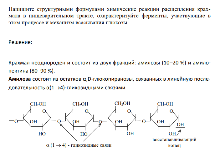  Напишите структурными формулами химические реакции расщепления крахмала в пищеварительном тракте, охарактеризуйте ферменты, участвующие в этом процессе и механизм всасывания глюкозы. 