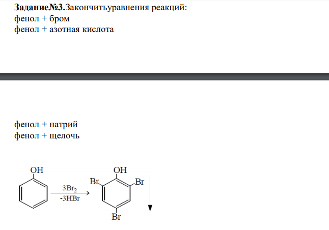  Закончитьуравнения реакций: фенол + бром фенол + азотная кислота фенол + натрий фенол + щелочь 