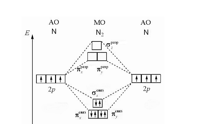  Рассматриваются молекула N2 и молекулярные ионы N2 + и N2 - . Пользуясь методом МО, объяснить образование химической связи в молекуле и в молекулярных ионах. Для молекулы изобразить энергетическую схему исходных АО и образующихся МО. Записать электронные формулы всех частиц и определить порядок связи в них. Какие частицы могут существовать, и какая из них является наиболее устойчивой. 
