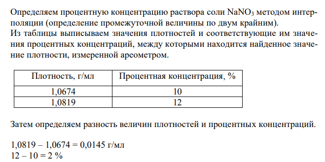 Определить концентрацию раствора соли NaNO3 (если измеренная плотность раствора составила 1,0798 г/мл) и приготовить из него 2 % раствор объемом 100 мл. 