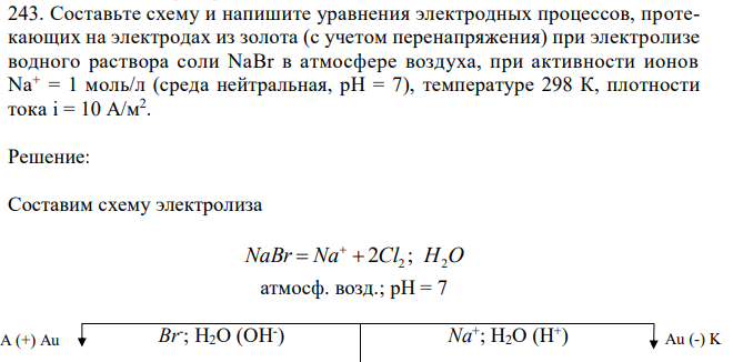 Составьте схему и напишите уравнения электродных процессов, протекающих на электродах из золота (с учетом перенапряжения) при электролизе водного раствора соли NaBr в атмосфере воздуха, при активности ионов Na+ = 1 моль/л (среда нейтральная, рН = 7), температуре 298 К, плотности тока i = 10 А/м2 . 