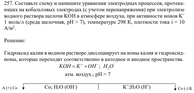 Составьте схему и напишите уравнения электродных процессов, протекающих на кобальтовых электродах (с учетом перенапряжения) при электролизе водного раствора щелочи KOH в атмосфере воздуха, при активности ионов K + 1 моль/л (среда щелочная, рН > 7), температуре 298 К, плотности тока i = 10 А/м2 . 