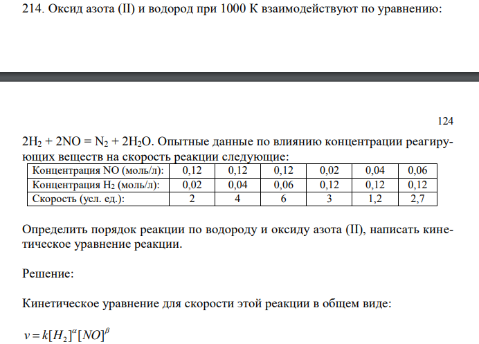 Оксид азота (II) и водород при 1000 К взаимодействуют по уравнению: 2H2 + 2NO = N2 + 2H2O. Опытные данные по влиянию концентрации реагирующих веществ на скорость реакции следующие:Определить порядок реакции по водороду и оксиду азота (II), написать кинетическое уравнение реакции.