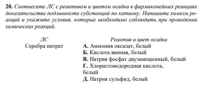 Соотнесите ЛС с реактивом и цветом осадка в фармакопейных реакциях доказательства подлинности субстанций по катиону. Напишите химизм реакций и укажите условия, которые необходимо соблюдать при проведении химических реакций. 