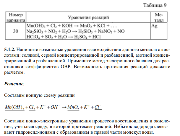 Методом ионно-электронного баланса расставьте коэффициенты в уравнениях реакций (табл.9), укажите окислитель и восстановитель, вычислите ЭДС и оцените полноту протекания реакции, протекающей в кислой среде.
