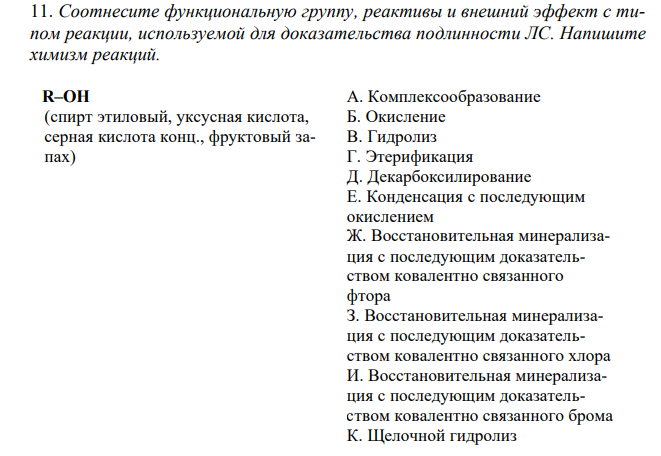  Соотнесите функциональную группу, реактивы и внешний эффект с типом реакции, используемой для доказательства подлинности ЛС. Напишите химизм реакций. R–OH  