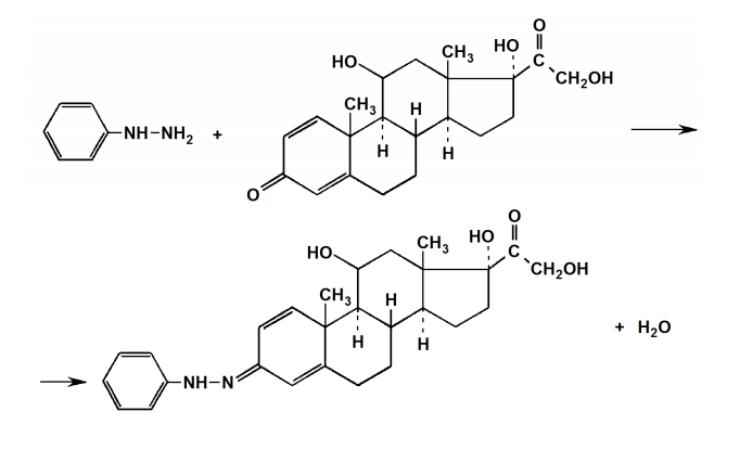  Обоснуйте и приведите химизм реакций определения подлинности преднизолона по методикам НД: - 1 мг препарата растворяют в 1 мл метилового спирта, прибавляют 5 мл раствора фенилгидразина сульфата и нагревают на водяной бане; через 5 минут появляется желтое окрашивание; 171 - 0,01 г препарата растворяют в 1 мл метилового спирта, прибавляют 1 мл реактива Фелинга и нагревают на водяной бане; образуется красно-оранже-вый осадок. 