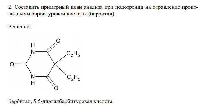  Составить примерный план анализа при подозрении на отравление производными барбитуровой кислоты (барбитал). 