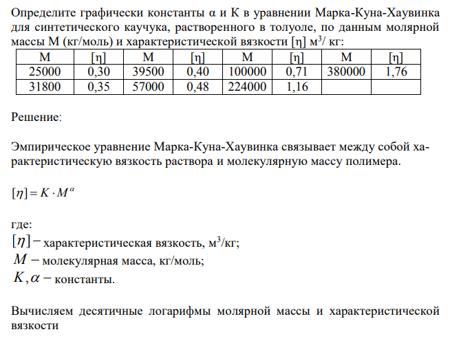 Определите графически константы α и К в уравнении Марка-Куна-Хаувинка для синтетического каучука, растворенного в толуоле, по данным молярной массы М (кг/моль) и характеристической вязкости [η] м3 / кг: М [η] М [η] М [η] М [η] 25000 0,30 39500 0,40 100000 0,71 380000 1,76 31800 0,35 57000 0,48 224000 1,16 