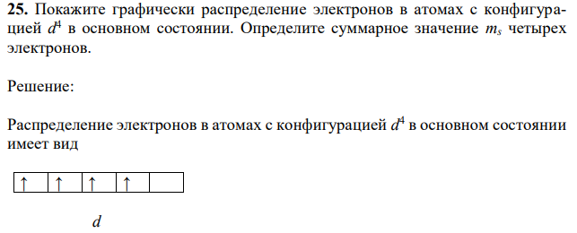 Покажите графически распределение электронов в атомах с конфигурацией d 4 в основном состоянии. Определите суммарное значение ms четырех электронов. 