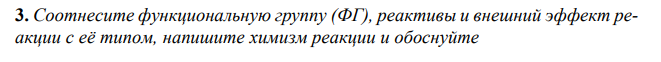 Соотнесите функциональную группу (ФГ), реактивы и внешний эффект реакции с её типом, напишите химизм реакции и обоснуйте 