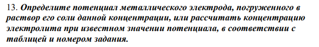 Определите потенциал металлического электрода, погруженного в раствор его соли данной концентрации, или рассчитать концентрацию электролита при известном значении потенциала, в соответствии с таблицей и номером задания. 