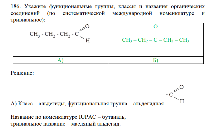  Укажите функциональные группы, классы и названия органических соединений (по систематической международной номенклатуре и тривиальное): O || CH3 – CH2 – C – CH2 – CH3 А) Б) 