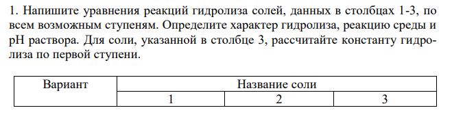 Напишите уравнения реакций гидролиза солей, данных в столбцах 1-3, по всем возможным ступеням. Определите характер гидролиза, реакцию среды и рН раствора. Для соли, указанной в столбце 3, рассчитайте константу гидролиза по первой ступени. 